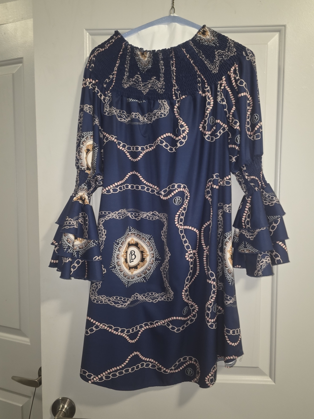 Navy Chain-Print Ruffle Sleeve Dress